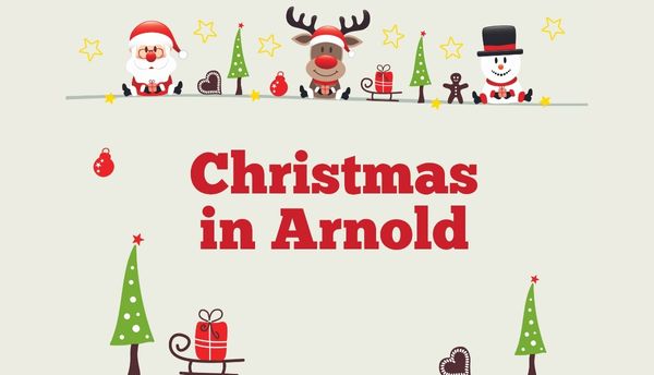 christmas in Arnold in red text on a beige background surrounded by festive illustrations of Santa and reindeer